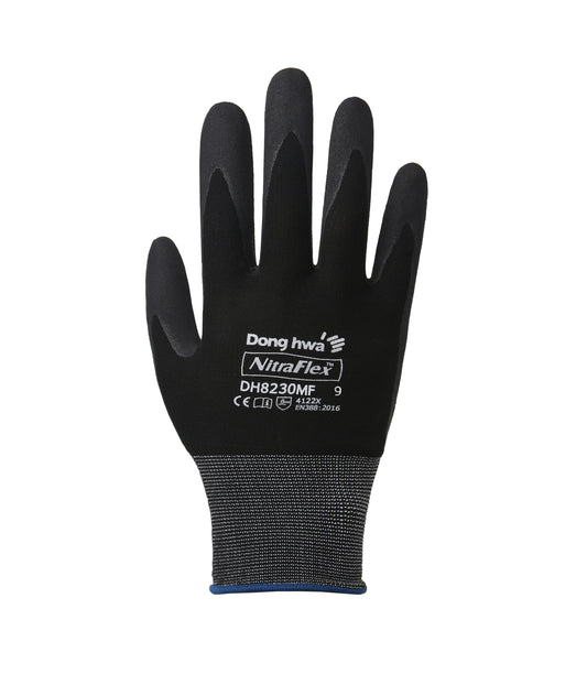 NitraFlex DH8230MF safety glove with black nitrile-coated palm and fingers, grey knit back