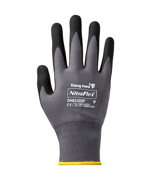 NitraFlex DH8230SF grey safety glove with black nitrile microfoam coated palm and fingertips